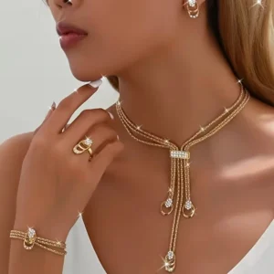 Ensemble de bijoux de luxe style bohème 4 pièces - Collier, boucles d'oreilles, bracelet, bague